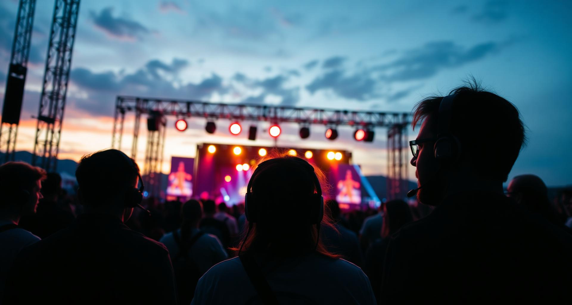 Festivalcrew med headset koordinerer bak scenen i skumringen