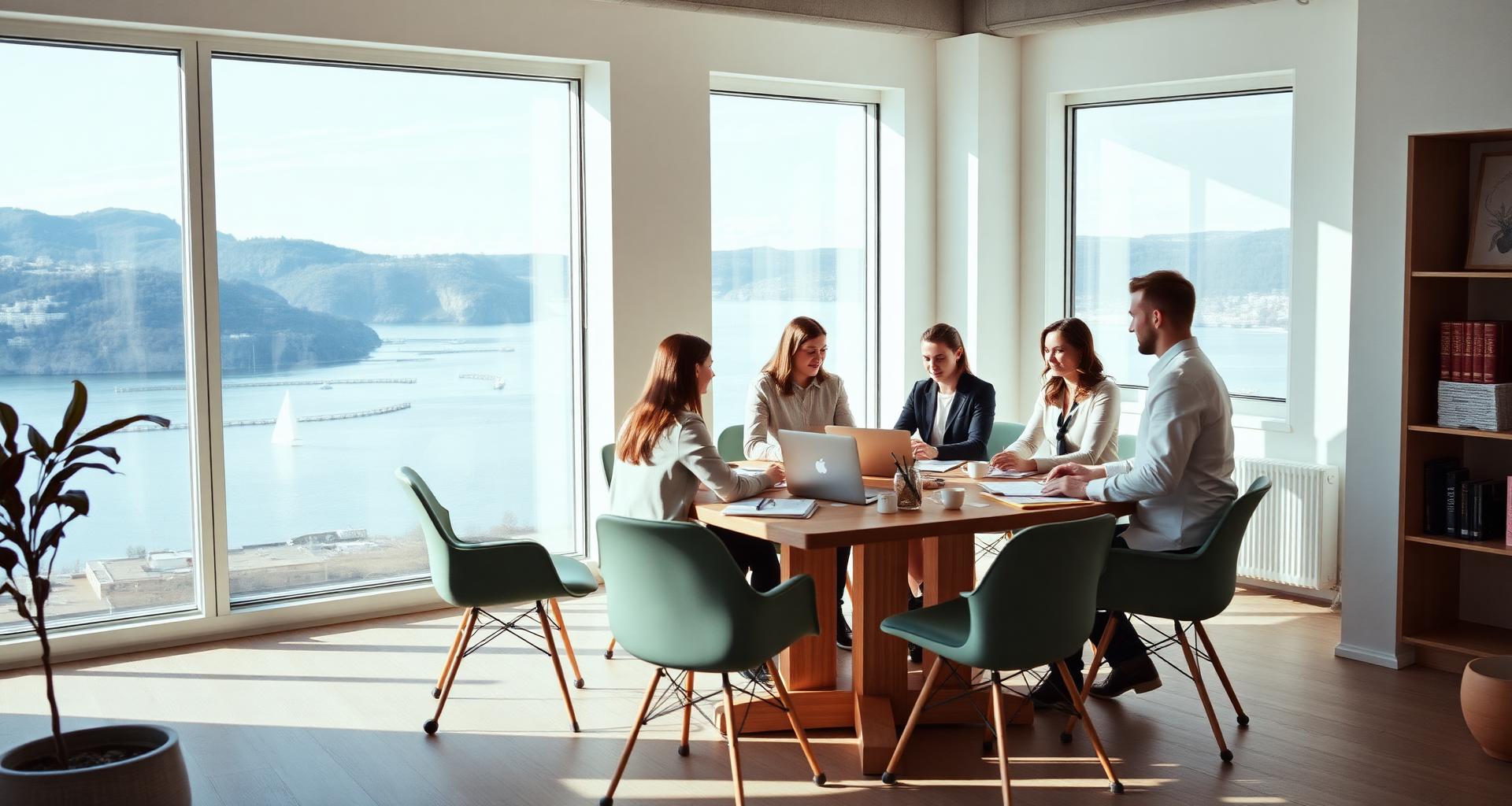 Mobilise-teamet i et lyst Lysaker-kontor med utsikt over fjorden